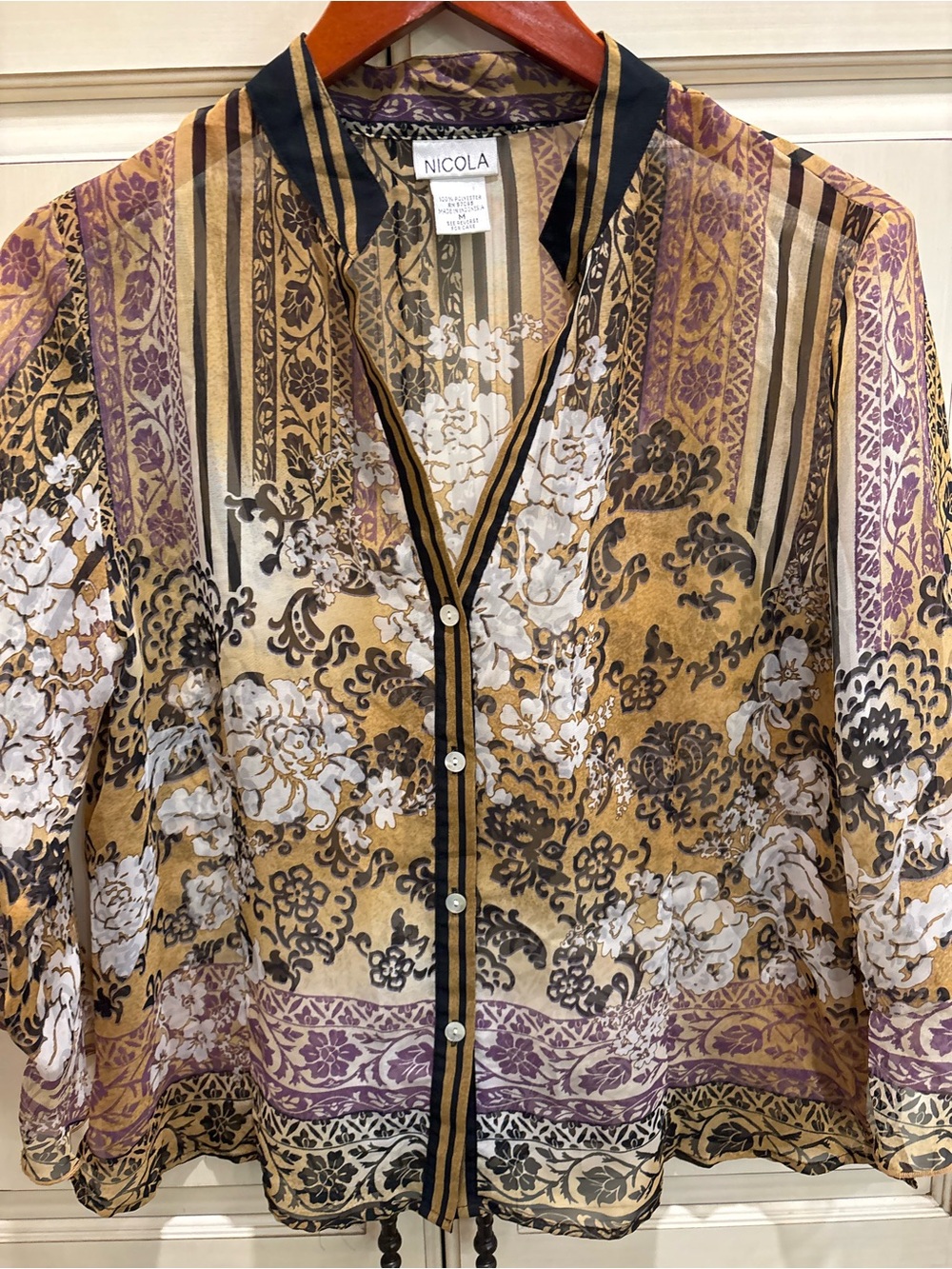 Vintage Nicola Floral Stripe Sheer Button-Front Blouse in Gold & Purple